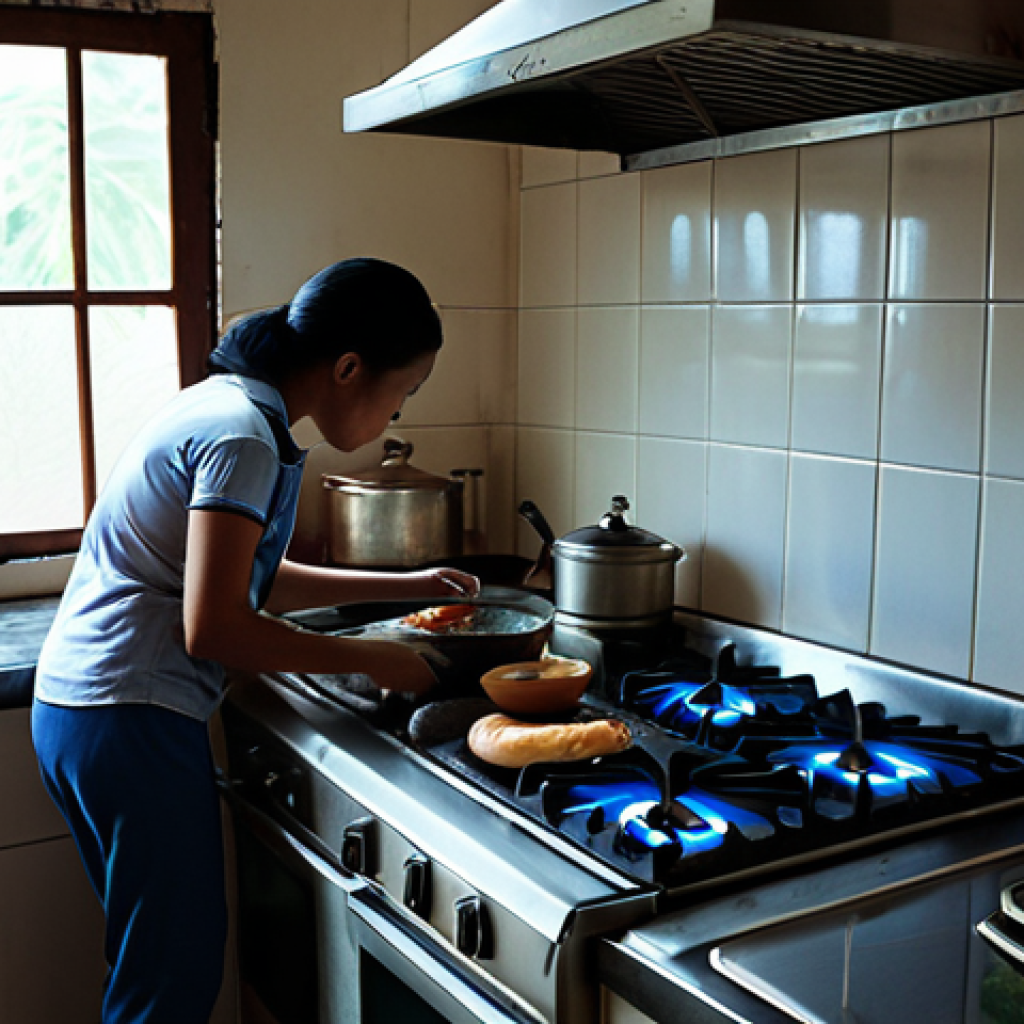 **A Malaysian kitchen scene. A person is cooking on a gas stove, with visible blue flames. Ensure proper ventilation with an open window and a running exhaust fan. The scene emphasizes safety and efficient use of gas for cooking.**