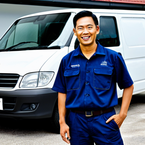 The Entrepreneur**

*   **Subject:** A confident Malaysian tradesman, mid-30s, in a clean work uniform (perhaps with a company logo), standing in front of their own well-maintained van. The van is parked outside a modest but tidy suburban home.
*   **Clothing:** Fully clothed in a professional work uniform, appropriate attire, modest.
*   **Environment:** Bright, sunny day. The home's exterior is well-kept. The van has visible signage suggesting a gas services business.
*   **Quality Modifiers:** High-resolution, professional photography, perfect anatomy, correct proportions, natural pose, well-formed hands, proper finger count.
*   **Safety:** Safe for work, appropriate content, professional, family-friendly.

**