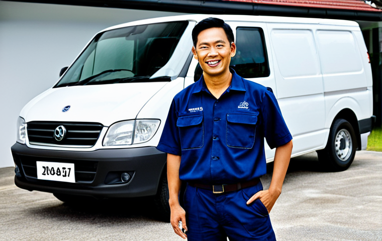 The Entrepreneur**

*   **Subject:** A confident Malaysian tradesman, mid-30s, in a clean work uniform (perhaps with a company logo), standing in front of their own well-maintained van. The van is parked outside a modest but tidy suburban home.
*   **Clothing:** Fully clothed in a professional work uniform, appropriate attire, modest.
*   **Environment:** Bright, sunny day. The home's exterior is well-kept. The van has visible signage suggesting a gas services business.
*   **Quality Modifiers:** High-resolution, professional photography, perfect anatomy, correct proportions, natural pose, well-formed hands, proper finger count.
*   **Safety:** Safe for work, appropriate content, professional, family-friendly.

**